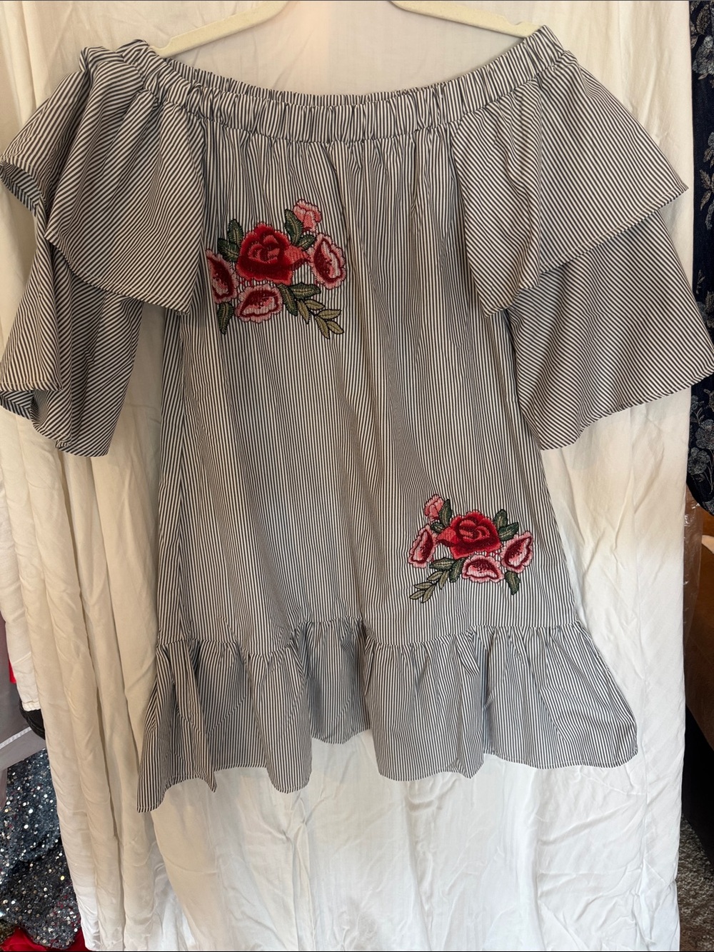 Striped Off-Shoulder Mini Dress with Red Floral Embroidery